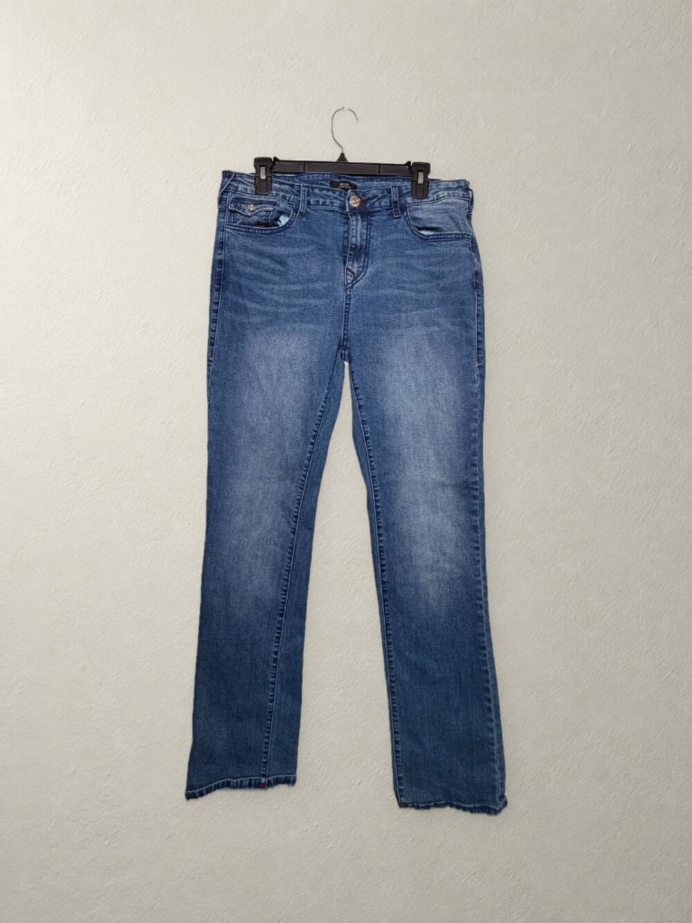 True Religion Billie Mid Rise Straight Jeans Medium Wash Flap Pockets Size 33